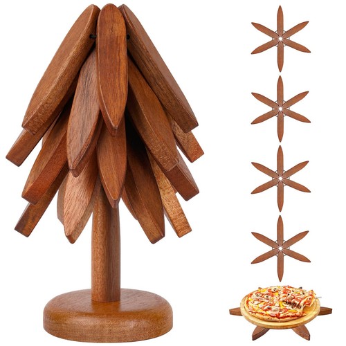 Tree Trivet Set - Foldable Wooden Tree Trivets for Hot Dishes, Set of 4 Heat-...