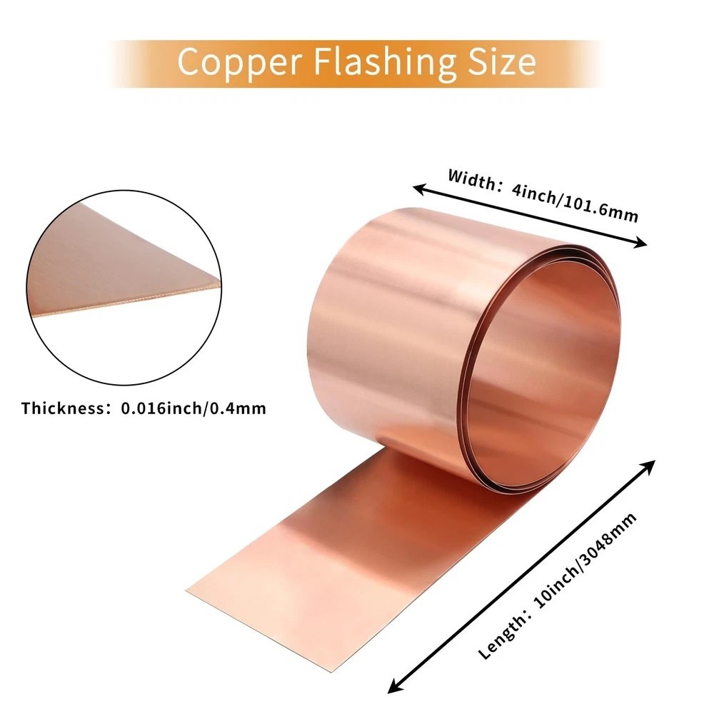ELECTRAPICK Copper Flashing,26 Gauge(0.4mm) Thickness, 4in x 10ft, 99.95% Pure C