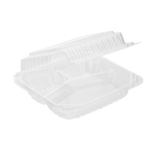 PP Hinged Container 8"x8", 3 Compartment, Translucent, Vented, 150pc 150/1