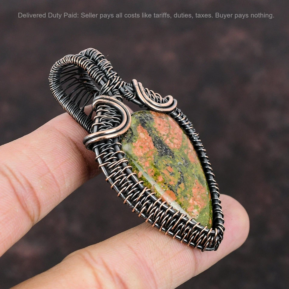 Black Friday Sale Pear Unakite Stone Unique Wire Wrapped Pendant Jewelry Copper - Image 3 of 4