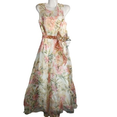 Eliza J. Ivory Multi Floral Illusion Neck Belted Evening Dress Womens 6P NWT
