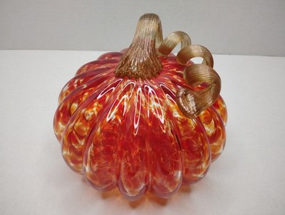 Hand-Blown Pumpkin Confetti Art Glass Red /Gold/Orange W/Glitter Curly Stem