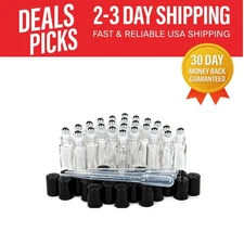 24 Clear 10ml Glass Roll-On Bottles with Stainless Steel Roller Balls & Droppers