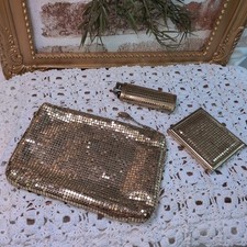 Vintage Whiting Davis Gold Mesh Purse Mirror Lighter Wedding Evening Bag Set