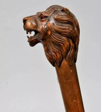 Wooden Walking Stick Cane Lion Head Handle Animal Hand Wood Replica Carved