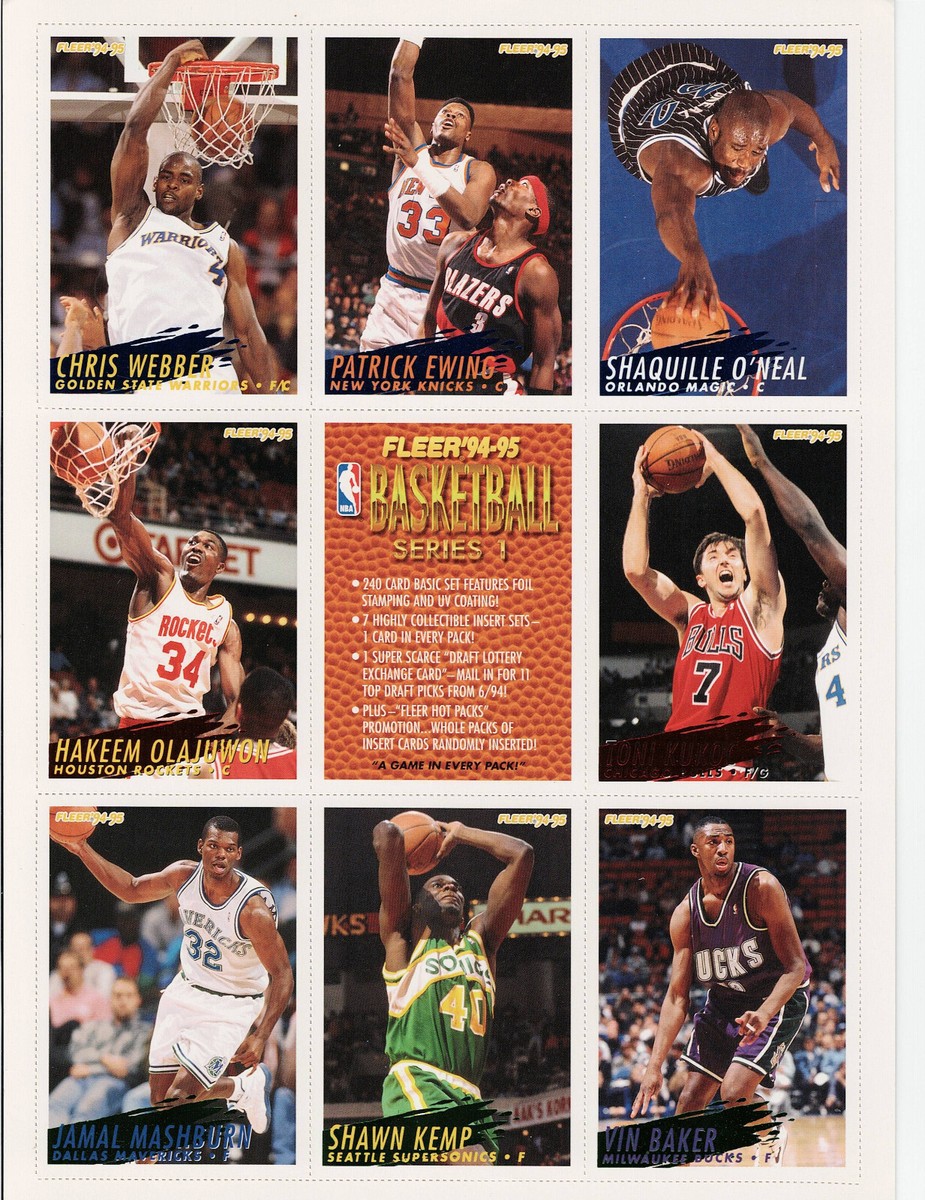 1994-1995 Fleer NBA Shaq, Ewing, Kukoc, Kemp Uncut Sheet Series 1 NBA Cards 1994-1995 Fleer NBA Shaq, Ewing, Kukoc, Kemp Uncut Sheet Series 1 NBA Cards
