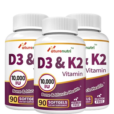 3 Packs-D3+K2 Vitamin Complex 10,000IU D3 & 200mcg K2 MK7