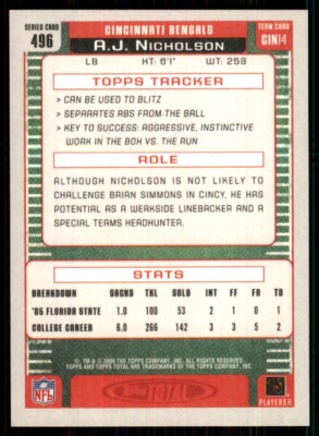 2006 Topps Total A.J. Nicholson Rookie Cincinnati Bengals #496 NFL