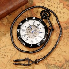 Black Roman Numerals Mechanical Self Winding Pocket Watch with Snake Chain Gifts