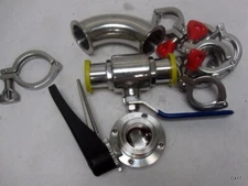 Bulk Lot of Brewery Pipe Clamps, Valves and Pipes of Various Sizes