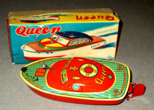1950's QUEEN SPEEDBOAT- WIND UP TIN VINTAGE TOY W BOX ALAPS JAPAN-6" N-MINT