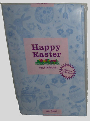 EASTER ~ Vinyl Tablecloth ~ Easter Bunny and Egg Silhouette's ~60'' Round ~ BLUE