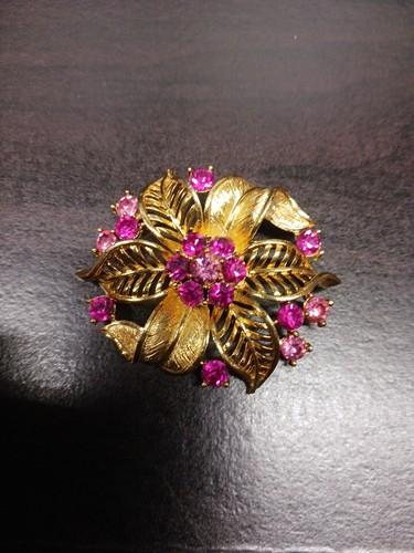 Lisner Brosche goldfarben rund rosa Strass Blume Blatt Anstecknadel signiert - Bild 2 von 7