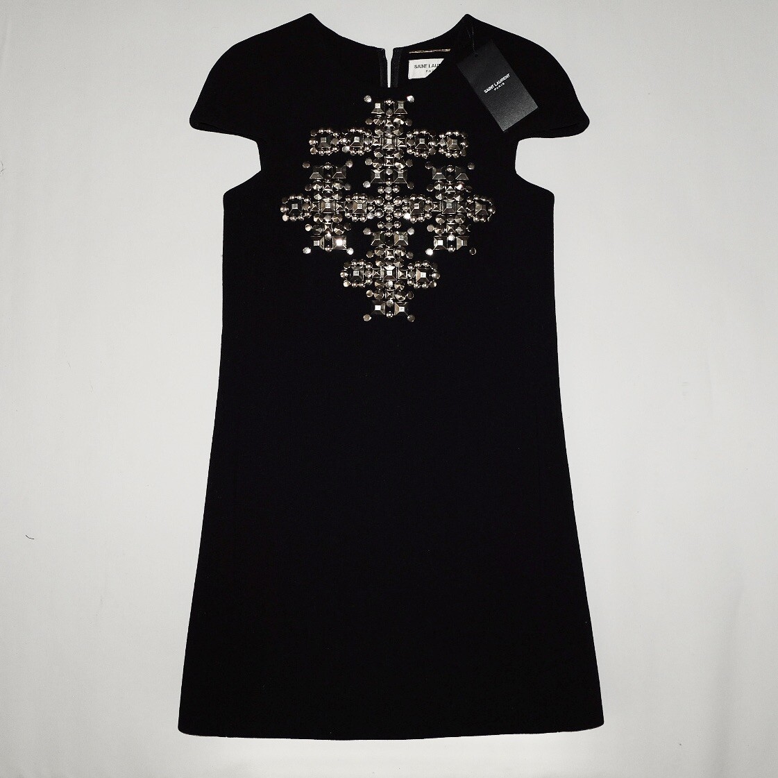 Mini abito a croce borchie Saint Laurent in lana nera taglia FR 34 US 2