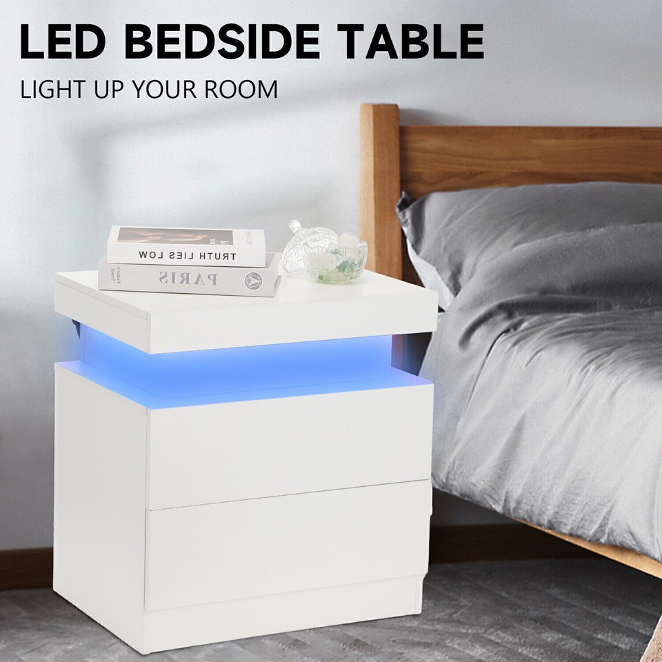 Modern Wooden Finish with Drawers Lift Bedside Table Nightstand RGB LED