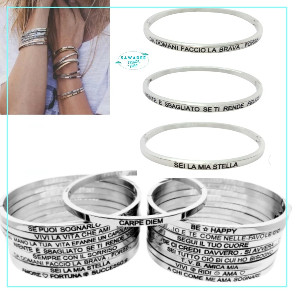 Bracciale donna acciaio Inox rigido braccialetto argento scritta frase dedica