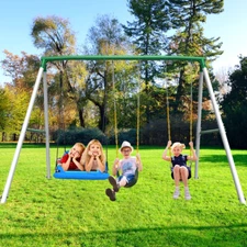 700lb 9.5Ft Metal Swing Set w/3 Swings Heavy Duty Kids Playset Weather Resistant