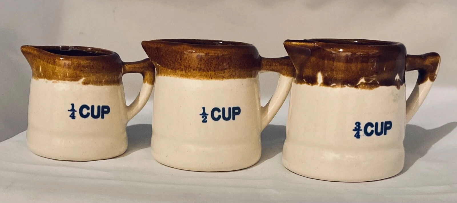 Vintage Measuring Cups Glazed Stoneware Set of 3 - 1/4, 1/2, 3/4 Brown Pottery