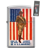 Zippo 85387 USMC Poster First In The Fight American Flag Lighter + FLINT PACK