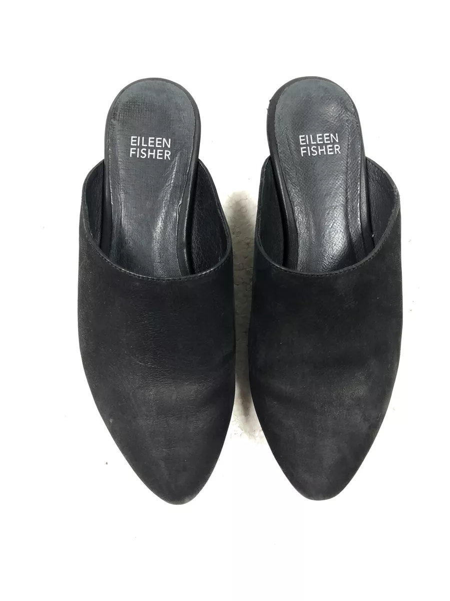 Eileen Fisher Slides Mules Low Heel Shoe Black Leather Slip Ons Women s Size 5.5