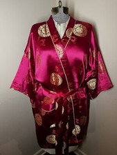 Double Peach Vintage Red Silk Asian Oriental Kimono Robe Sz F2  1 Robe 