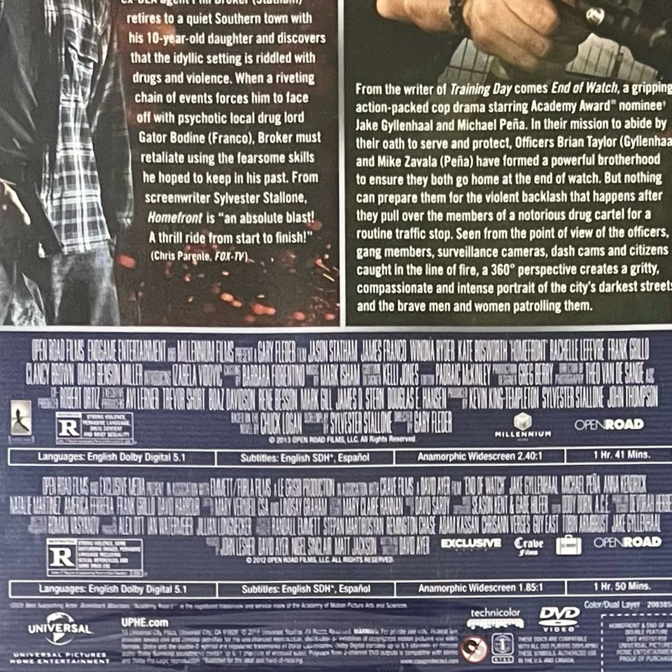 Double Feature: Homefront & End Of Watch (DVD, 2016) - NEW SEALED - Image 3 of 3