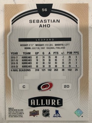 2020-21 Upper Deck Allure Leopard Sebastian Aho #56 Carolina Hurricanes
