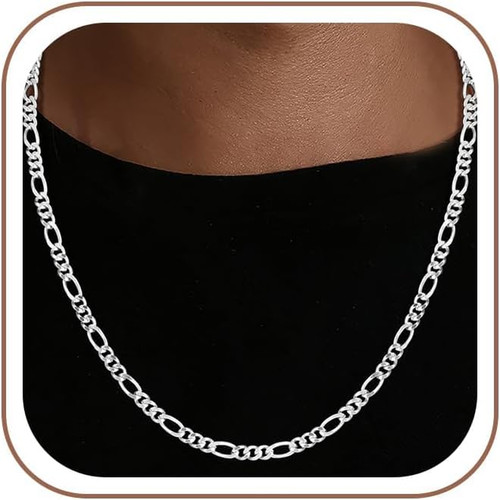 925 Sterling Silver Figaro Chain Dainty Diamond Cut 4Mm Necklace 22"