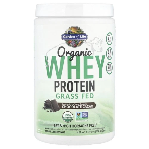 Organic Whey Protein, Grass-Fed, Chocolate Cacao, 13.96 oz (396 g)