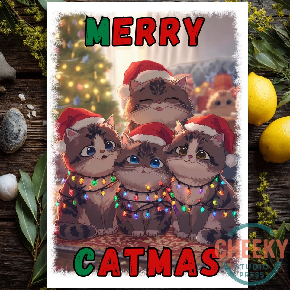 Funny Cat Christmas Cute Pet Funny Xmas Merry Catmas Card Kitten Adorable Lovely