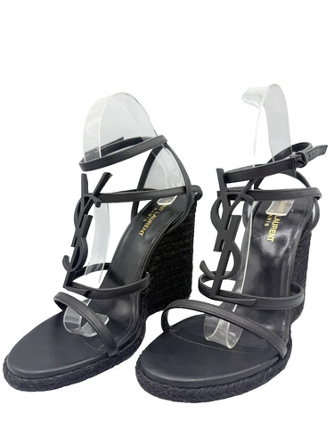 Saint Laurent YSL Cassandre Black Leather Espadrille Wedge Sandals Size 39