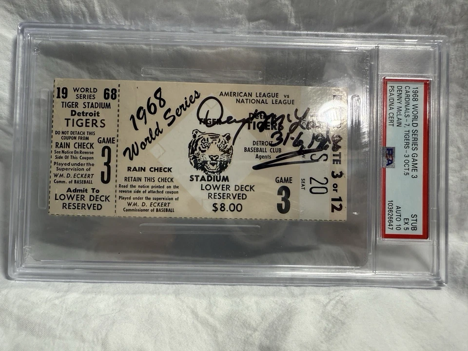 1968 World Series Game 3 Tigers Vs Cardinals Denny McLain PSA EX 5 Auto 10 - Image 3 of 4