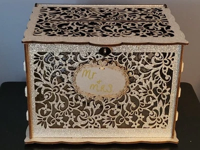 Silver Glittered Wedding Gift Card Box with Heart Shape Lock & Mr. and Mrs Sign - Image 1 of 4
