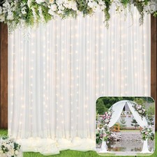 Best BBTO 2 Panels White Tulle Backdrop Curtain with Lights String for Parties