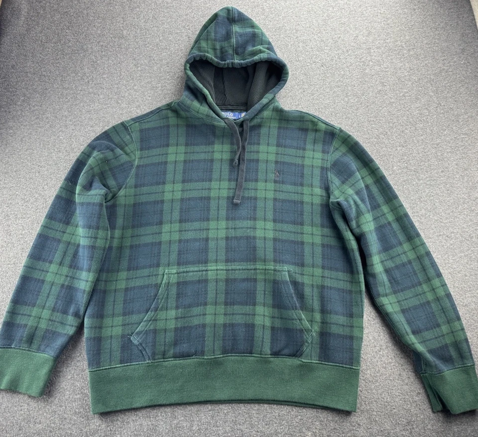 Sudadera con Capucha Polo Ralph Lauren Vintage Años 90 Para Hombre Grande Verde A Cuadros Pullover Negro Poni Foto 3 de 4