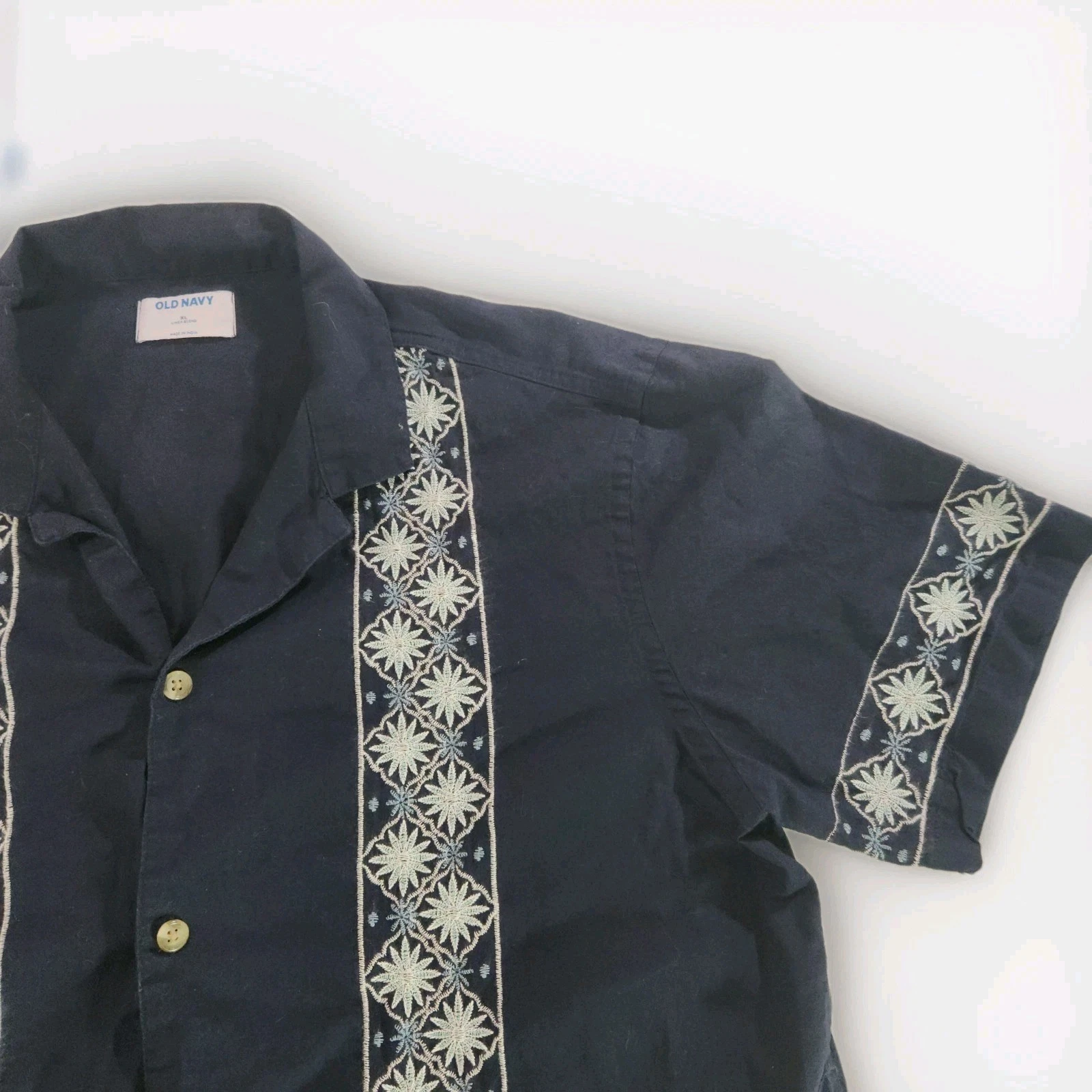Linen Blend Hawaiian Old Navy Blue Embroidered Shirt Button Up Men's Size XL
