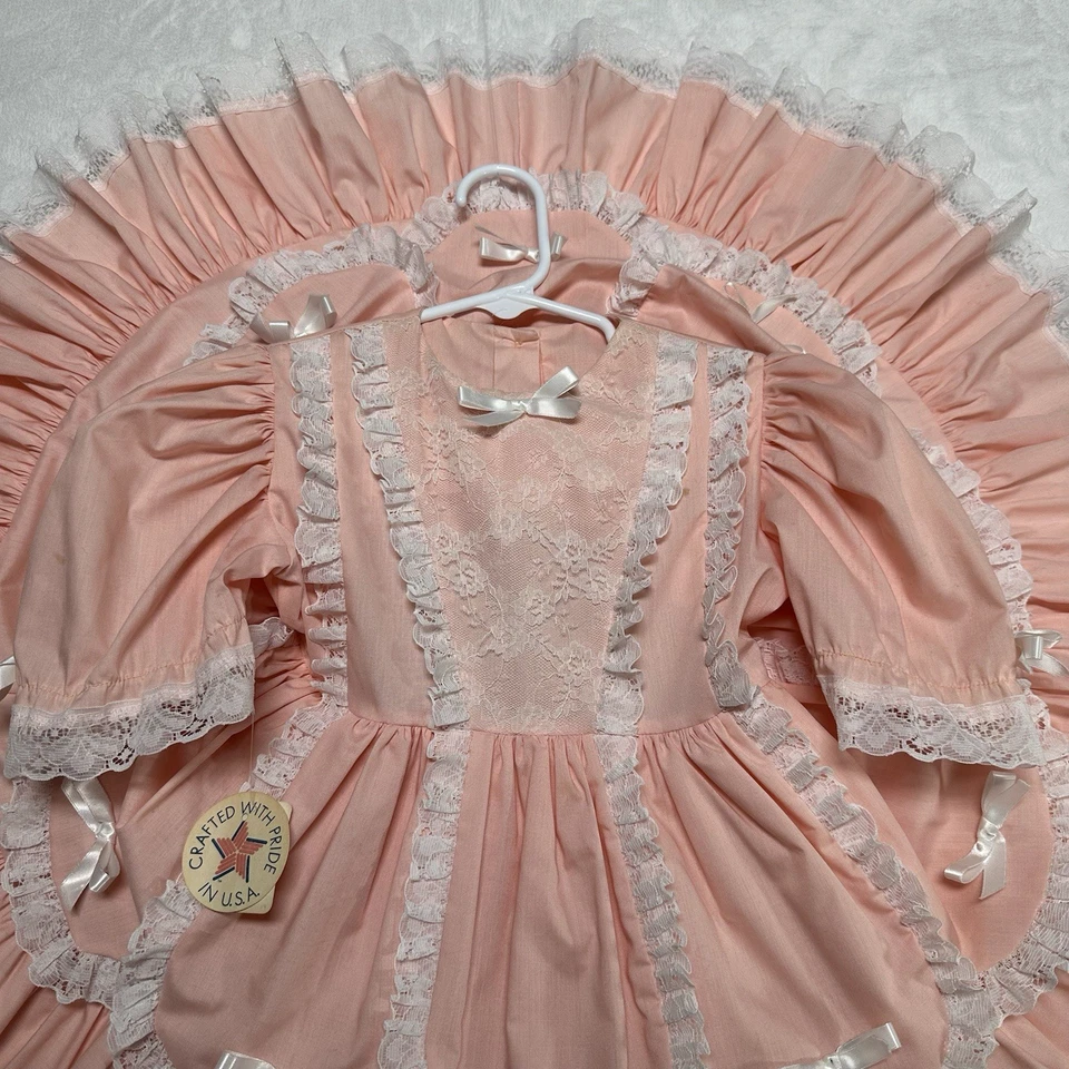 Vestido Vintage Círculo Completo Rosa Blanco Niñas 3T Capas Volantes Encaje Desfile Fiesta Foto 2 de 4