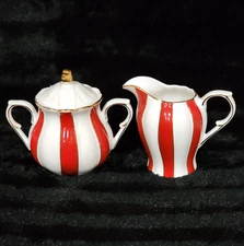 Grace Teaware Fine Porcelain Sugar & Creamer Set Red White Stripe w Gold Trim