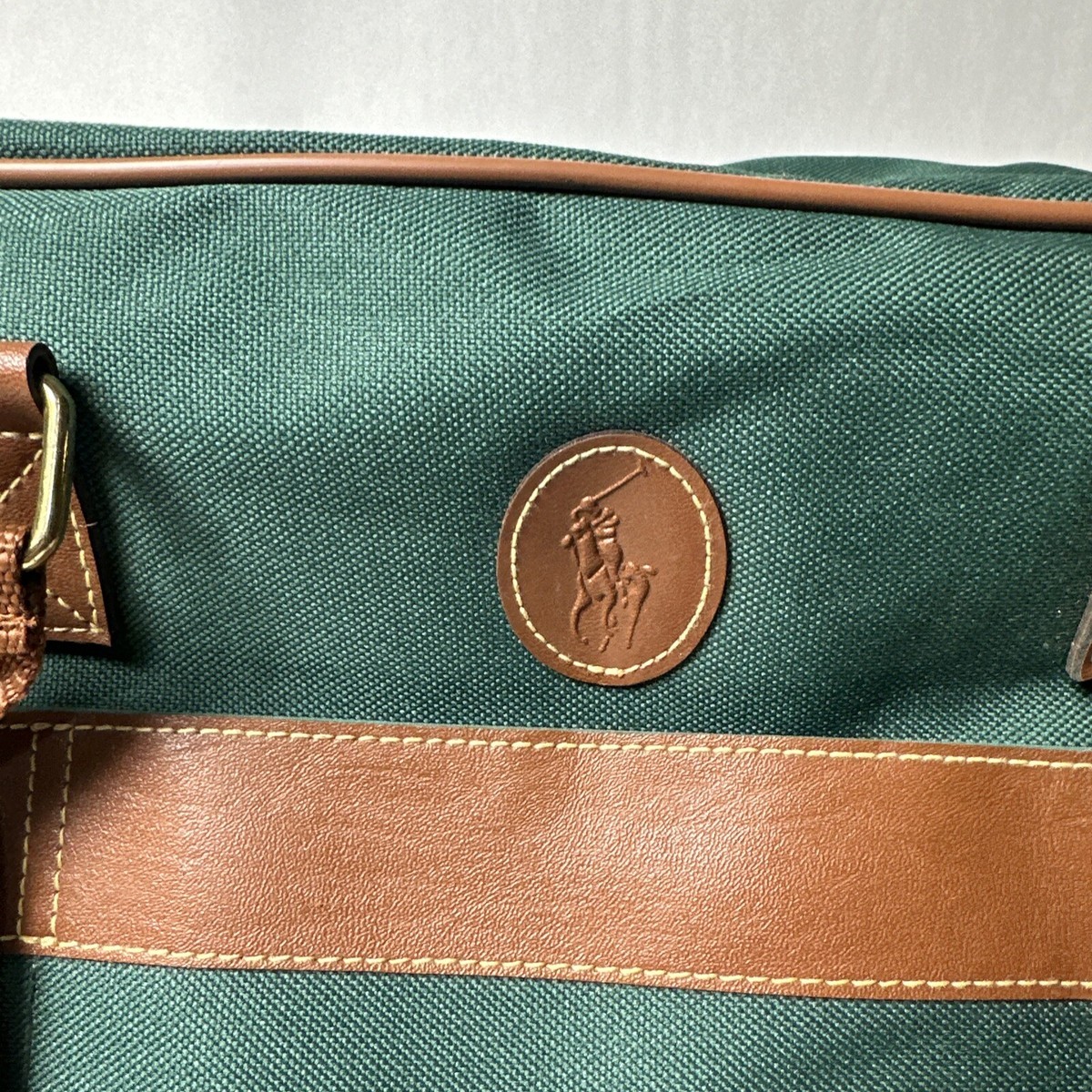 Polo Ralph Lauren Green Canvas Brown Leather Duffle Bag Pony EUC