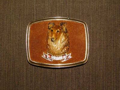 VINTAGE 1979 RAINTREE COLLIE DOG METAL BELT BUCKLE