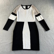 Calvin Klein Sweater Dress Womens Medium Black White Midi Color Block Fitted