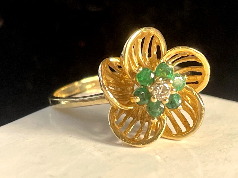 ANILLO ORO 14K VERDE ESMERALDA Y DIAMANTES PIEDRAS PRECIOSAS NATURALES FLORALES Foto 2 de 4
