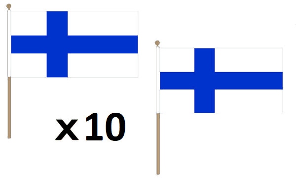 BANDERA de FINLANDIA 45x30cm con PALO de madera - Lote de 10 BANDERA FINLANDESA