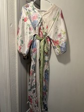 Floral Satin Kimono Robe M Long Sleeve V-Neck Green Tie Women's