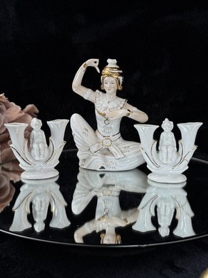 Vintage Mid-Century Porcelain Figurine Set - Dancer with Two Candle Holders