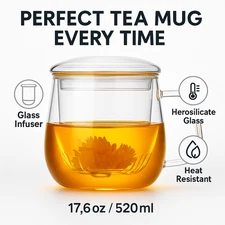 Glass Tea Cup with Infuser and Lid 17.6oz Large Borosilicate Mug for Loose Leaf