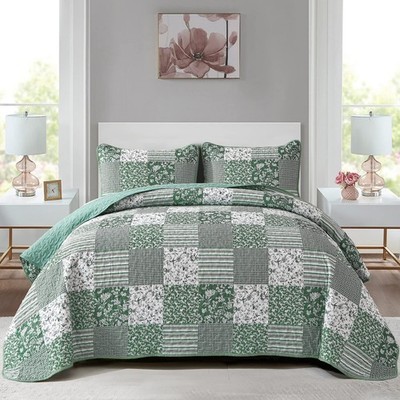 Mybedsoul Green Boho Queen Quilt Set, 3-Piece Reversible Soft Plaid Floral Be...