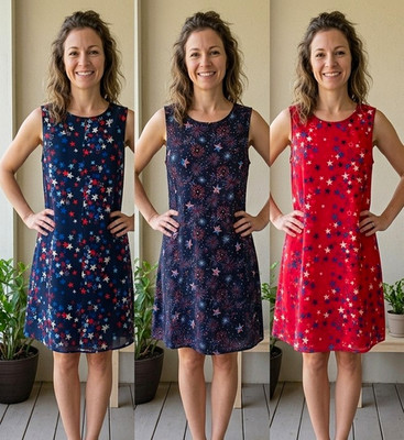 Dress Works Red/Blue/White Star Print Round Neck Shift Knee Dress Sleeveless S