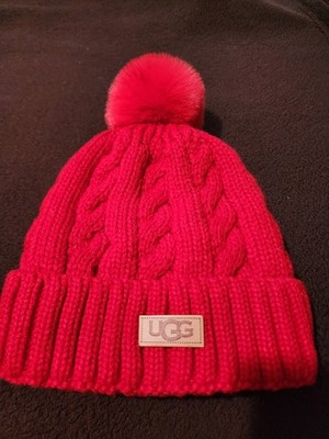 UGG Red Cable Knit Pom-Pom Beanie Women's Hat One Size Winter Outdoor Logo