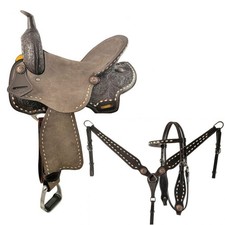Barrel Style Saddle SET Rough Out Floral Tooling Buck Stitch FQHB 15" 16" NEW